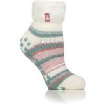 Ladies Original Carina Stripe Lounge Socks with Turnover Top – Cream & Green