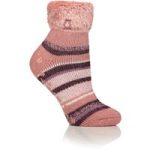 Ladies Original Carina Stripe Lounge Socks with Turnover Top – Muted Pink & Cabernet