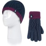 Kids Cable Knit Turn Over Hat & Gloves – Navy & Purple