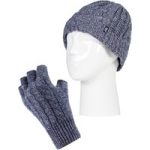 Special Offer Ladies Thermal Fingerless Gloves & Turn Over Hat – Navy Twist